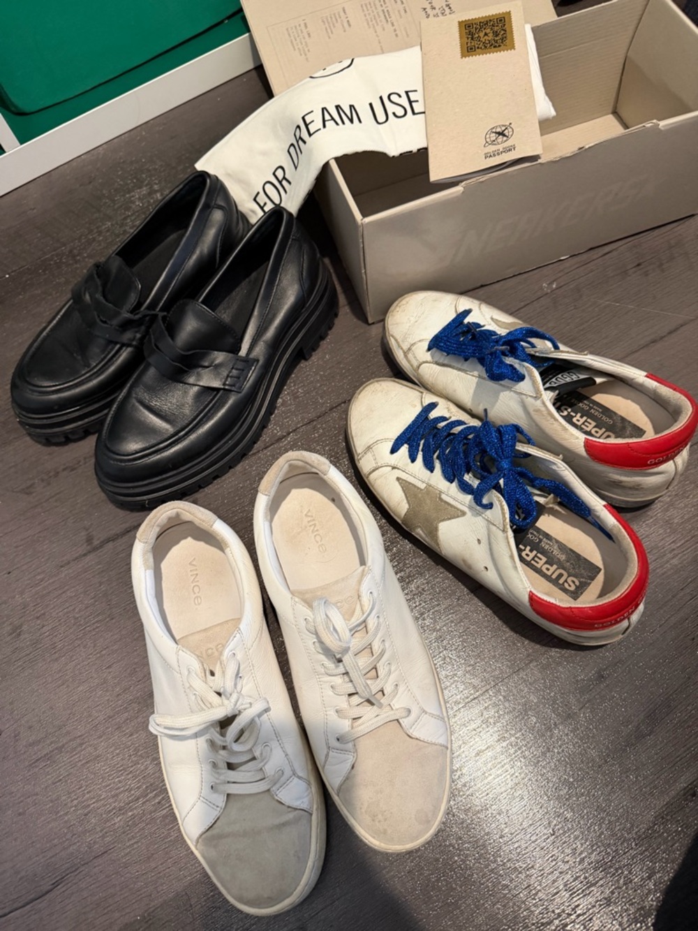 Golden Goose White Leather Superstar Sneakers with Blue Laces